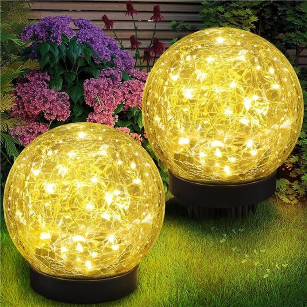 2-Pack Garden Solar Lights Outdoor, Cracked Glass Ball Light Waterproof